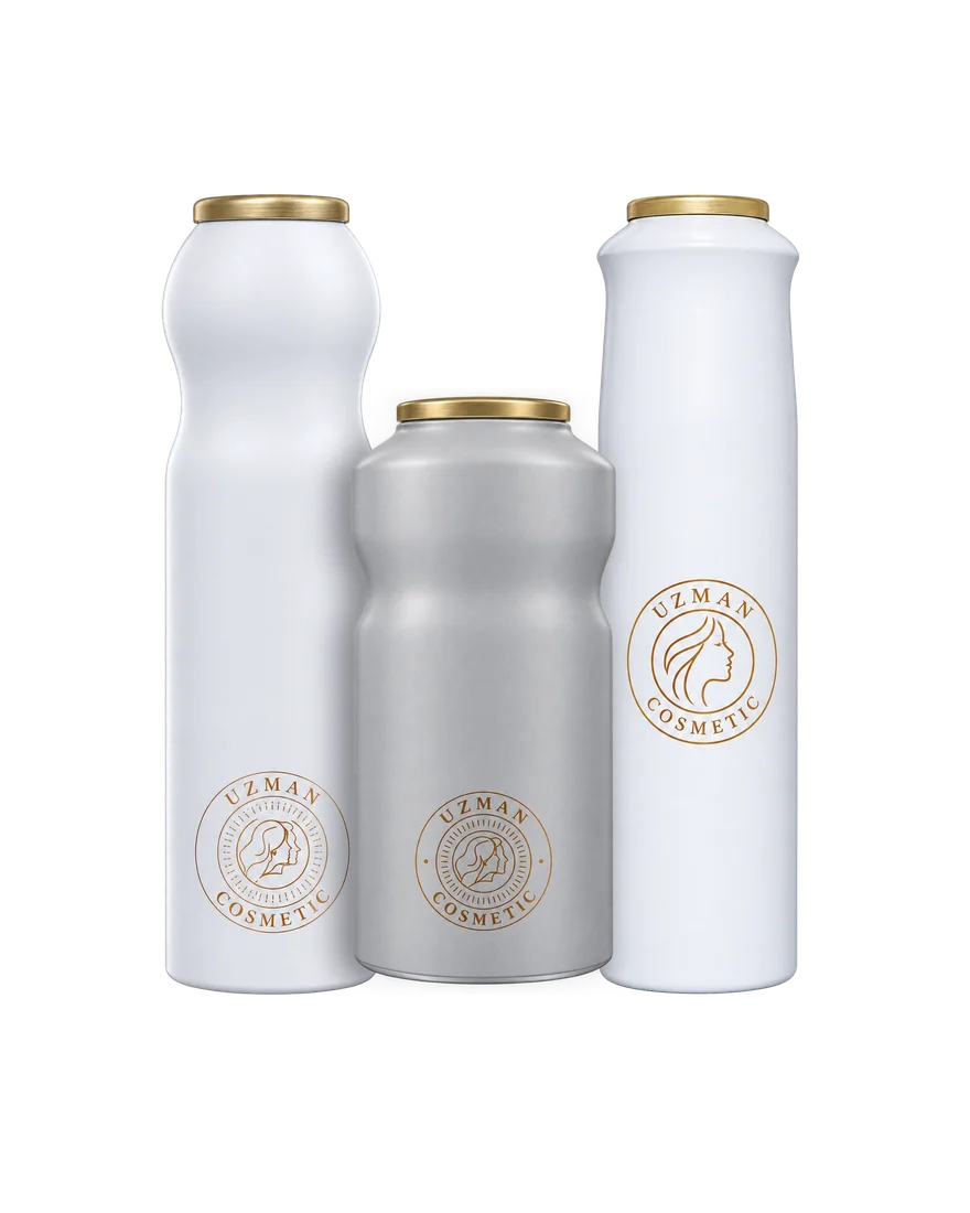 A Type · Flat Curved · New Smart — Örnek (konsept) görsel: markasız, siyah ve altın private label ürün seti; deodorant, parfüm, body mist ve oda difüzörü