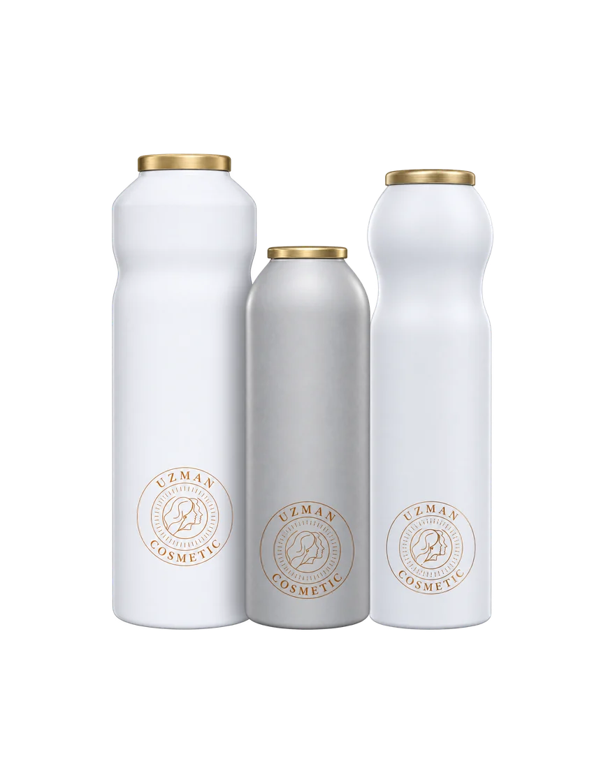Flat Curved L · A Type · Round — Örnek (konsept) görsel: markasız, siyah ve altın private label ürün seti; deodorant, parfüm, body mist ve oda difüzörü
